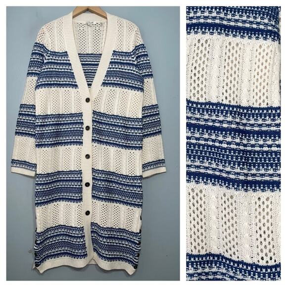 Simply Noelle Size S/M Blue Creamy White Button Duster Cardigan Boho Fisherman - Picture 1 of 10